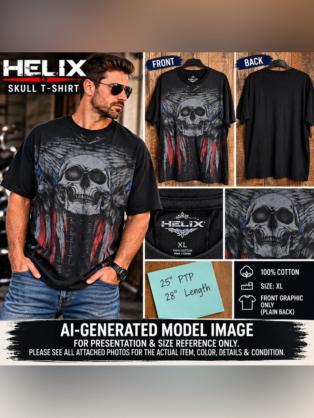 Helix Skull Wings American Flag Graphic Tee Black XL